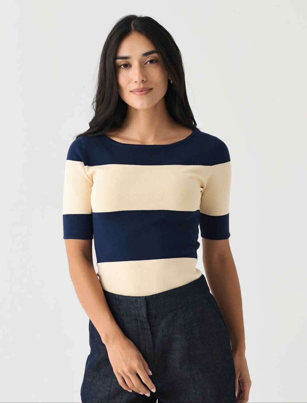 Posse Blue And Cream Striped Short Sleeve Theo Knit Top In Ink And Cream NWT